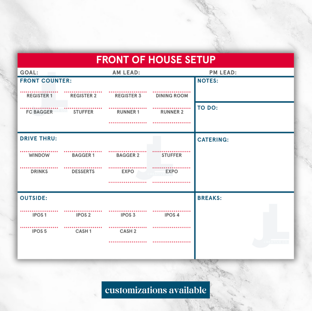 Front of House Setup Whiteboard
