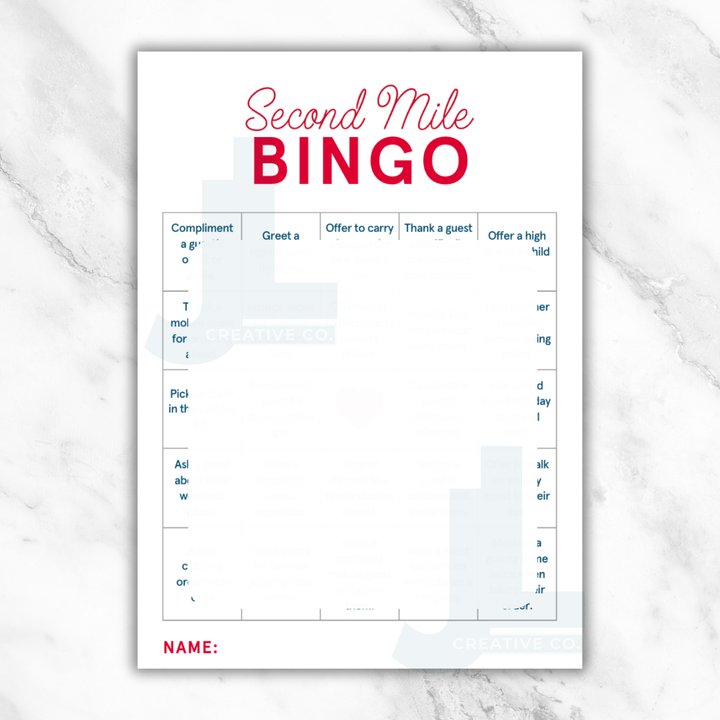 Second Mile Bingo Card